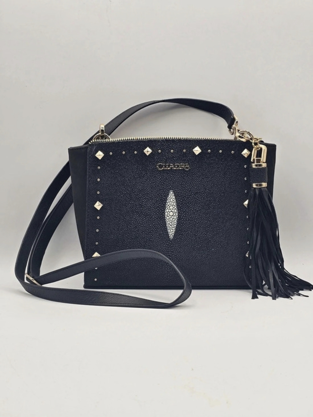 Cuadra Mantarraya Black Studded Tassel Crossbody Stingray Leather